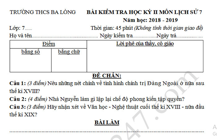 De ki 2 lop 7 mon Su truong THCS Ba Long nam 2019