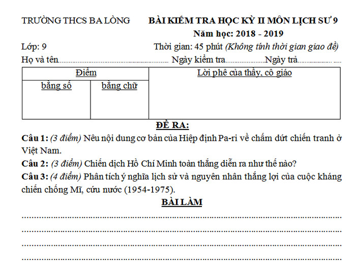 De ki 2 mon Su lop 9 - THCS Ba Long nam 2019