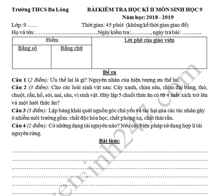 De thi hoc ki 2 mon Sinh lop 9 - THCS Ba Long nam 2019
