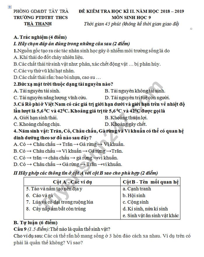 De ki 2 mon Sinh lop 9 - THCS Tra Thanh 2019