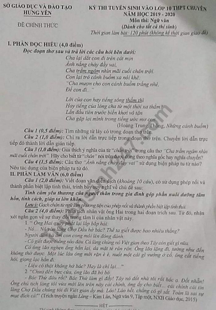 De thi vao lop 10 mon Van - Chuyen Hung Yen nam 2019