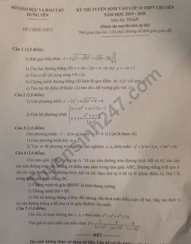 De thi vao lop 10 mon Toan - THPT Chuyen Hung Yen 2019