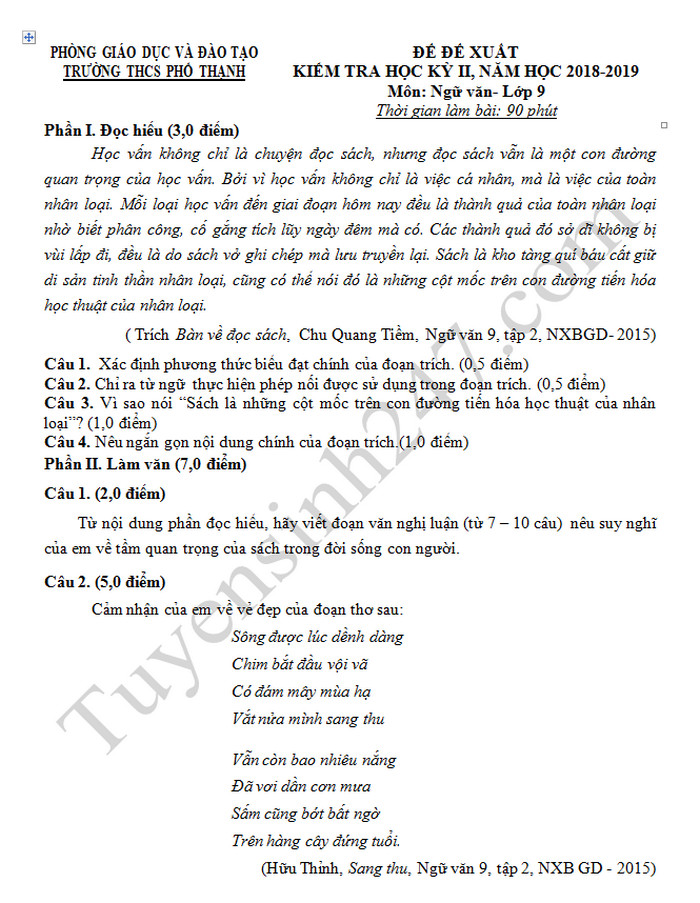 De thi hoc ki 2 mon Van lop 9 - THCS Pho Thanh 2019