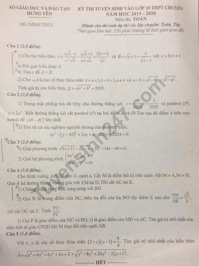 De thi vao lop 10 mon Toan Chuyen - THPT Chuyen Hung Yen 2019
