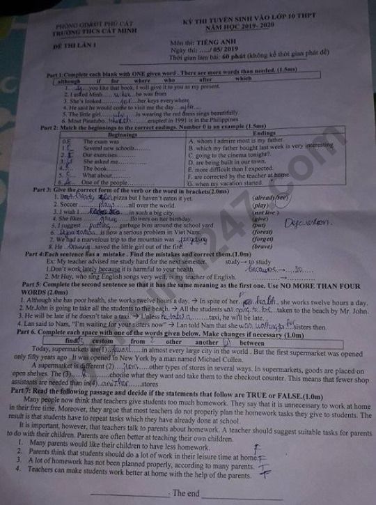 De thi thu vao lop 10 mon Anh 2019 - THCS Cat Minh
