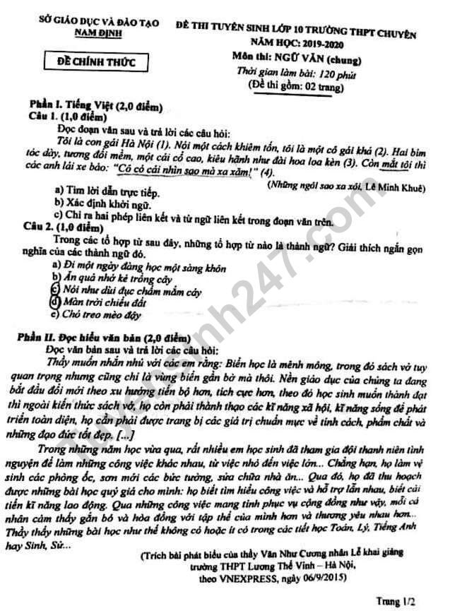 Dap an de thi vao lop 10 mon Van 2019 - THPT Chuyen Le Hong Phong