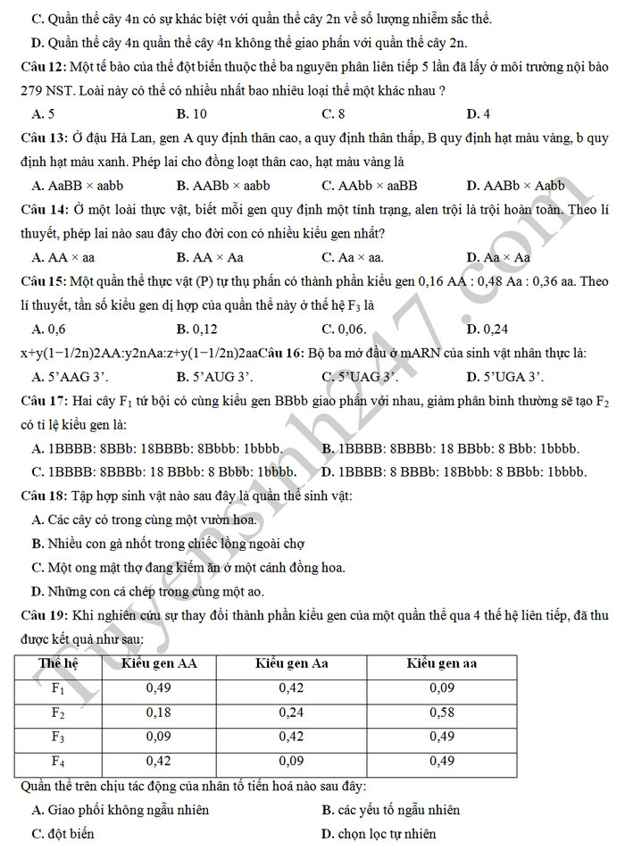De thi thu THPTQG 2019 mon Sinh - Chuyen Hung Vuong lan 2