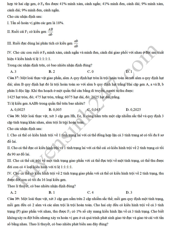 De thi thu THPTQG 2019 mon Sinh - Chuyen Hung Vuong lan 2