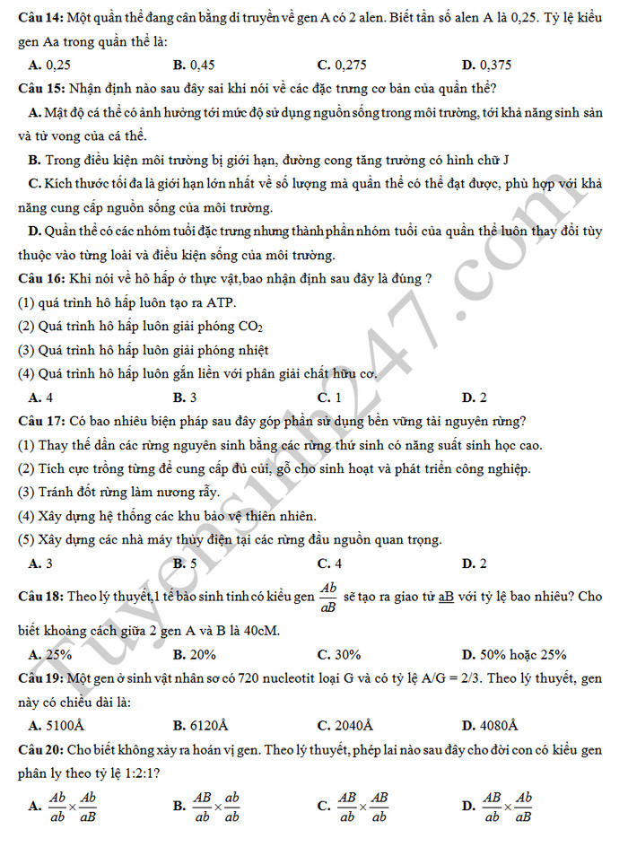 De thi thu THPTQG 2019 mon Sinh - Chuyen Quoc Hoc Hue lan 3
