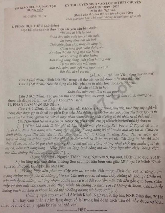 De thi vao lop 10 mon Van Chuyen - THPT Chuyen Hung Yen 2019