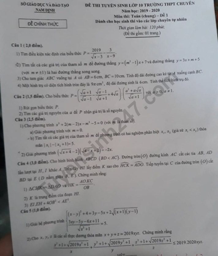 De thi vao lop 10 mon Toan chung - Chuyen Le Hong Phong 2019