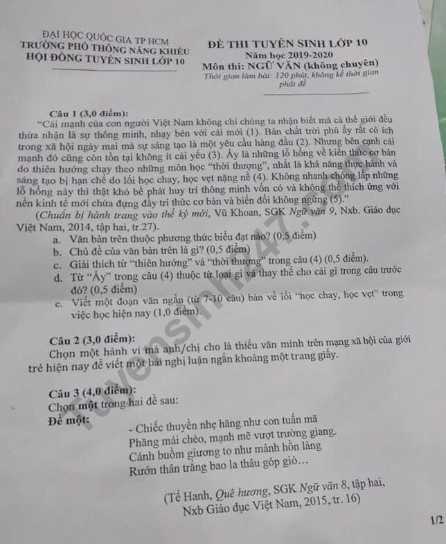 Dap an de thi vao lop 10 mon Van 2019 - PTNK TPHCM