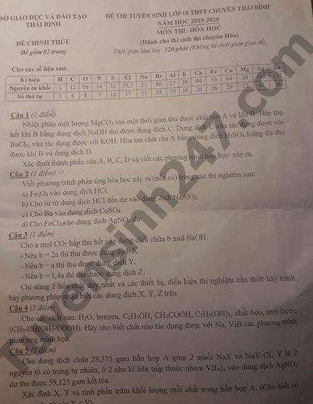 Dap an de thi vao lop 10 chuyen Thai Binh nam 2019 mon Hoa