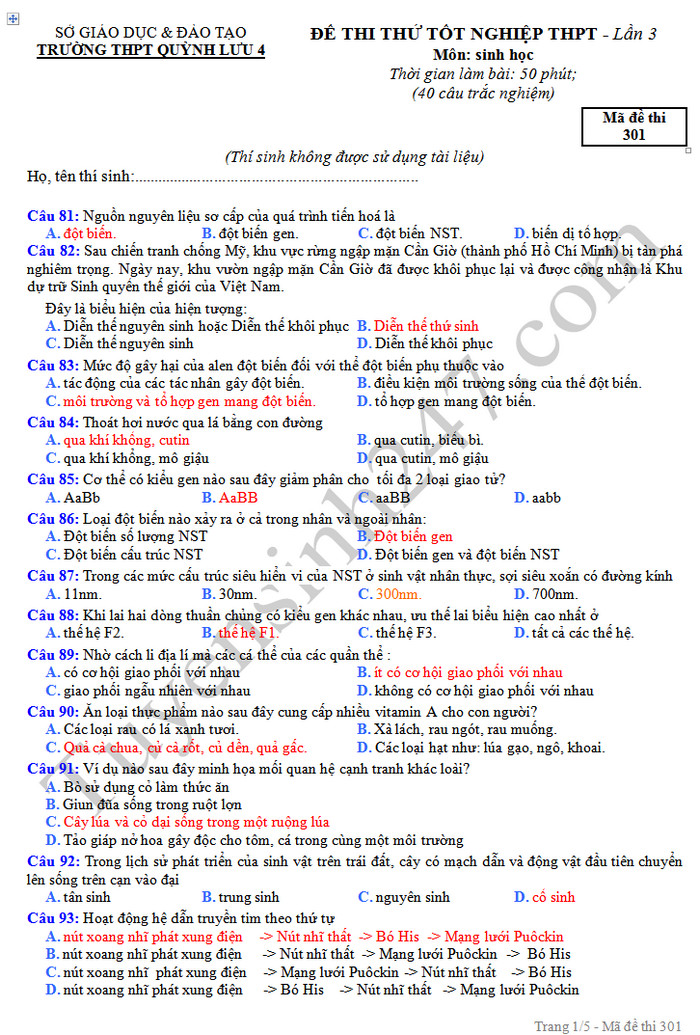 De thi thu THPTQG mon Sinh nam 2019 - THPT Quynh Luu 4 lan 3