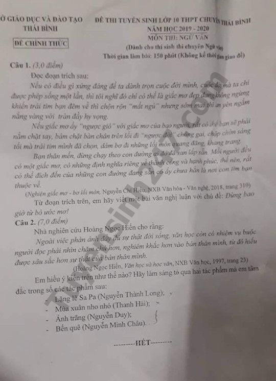 Dap an de thi vao lop 10 chuyen Thai Binh mon Van chuyen nam 2019