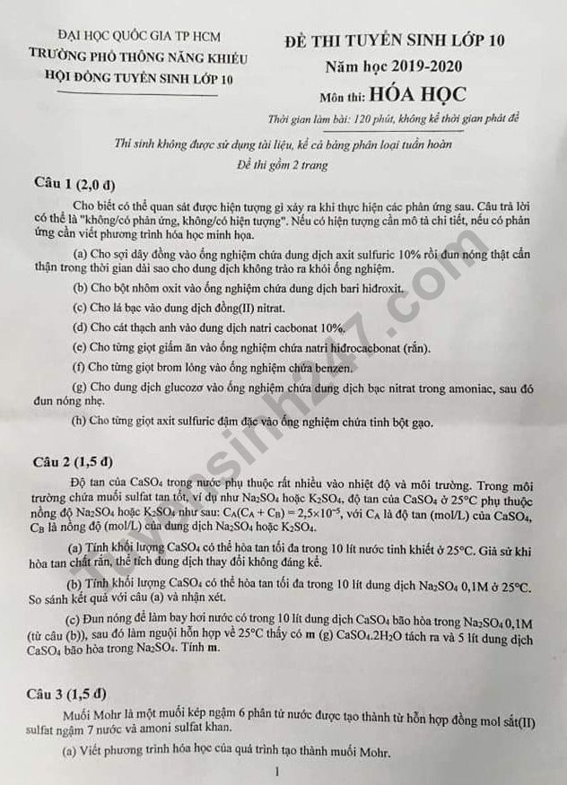 Dap an de thi vao lop 10 mon Hoa Chuyen PTNK 2019