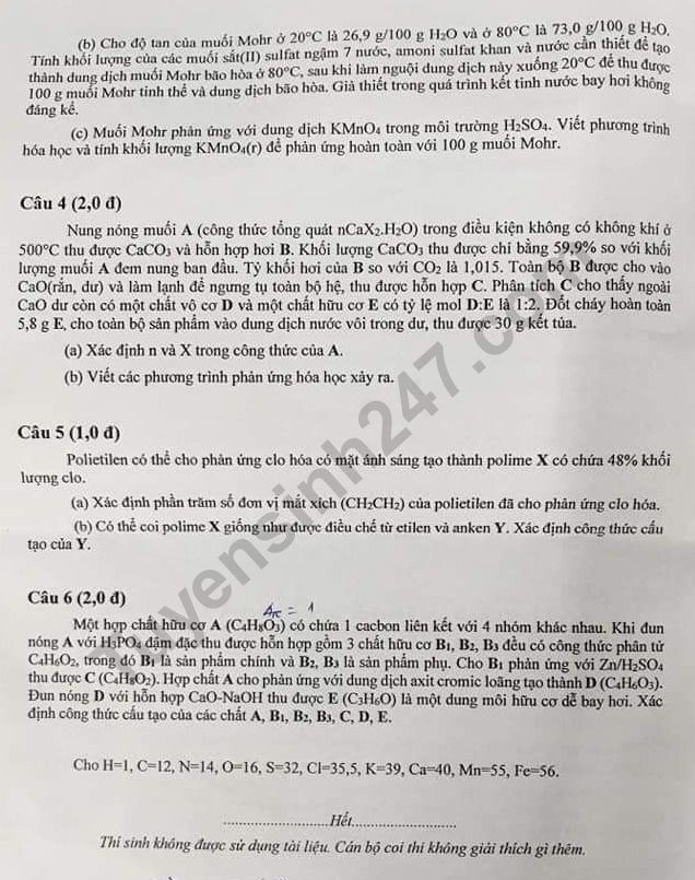 Dap an de thi vao lop 10 mon Hoa Chuyen PTNK 2019