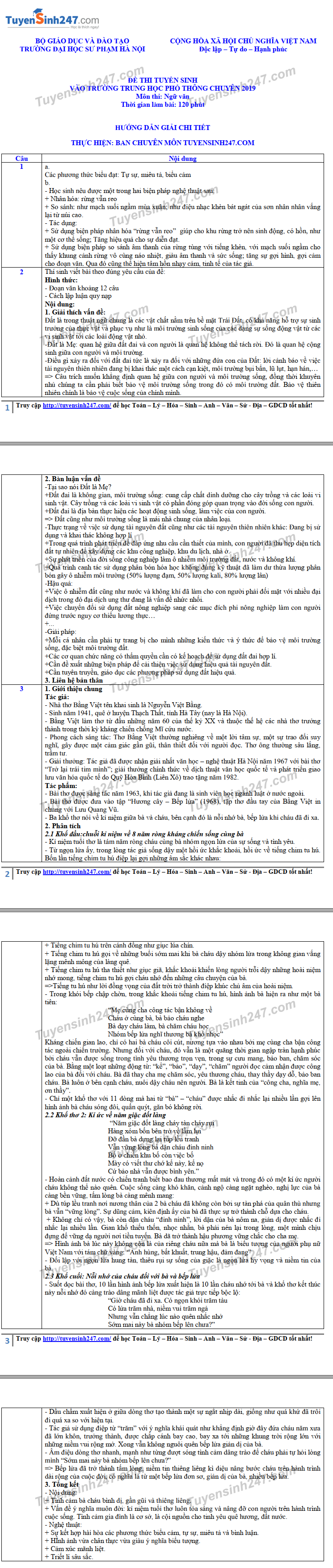 Dap an de thi mon Van vao lop 10 - Chuyen Su pham HN 2019