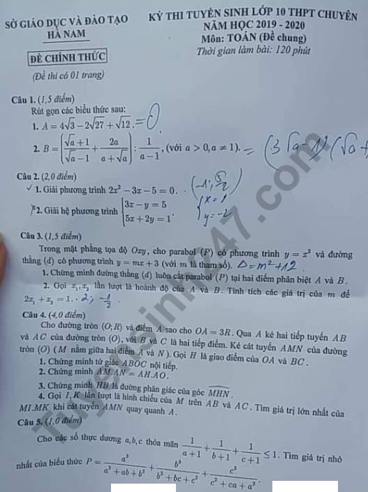 De thi vao lop 10 mon Toan - Chuyen Ha Nam nam 2019