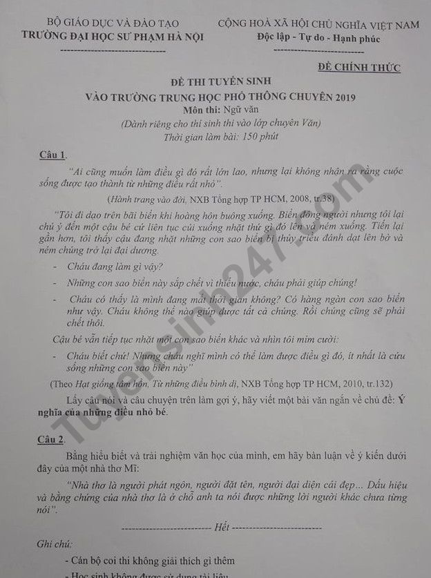 Dap an de thi mon Van chuyen vao lop 10 - THPT Chuyen Su Pham HN 2019