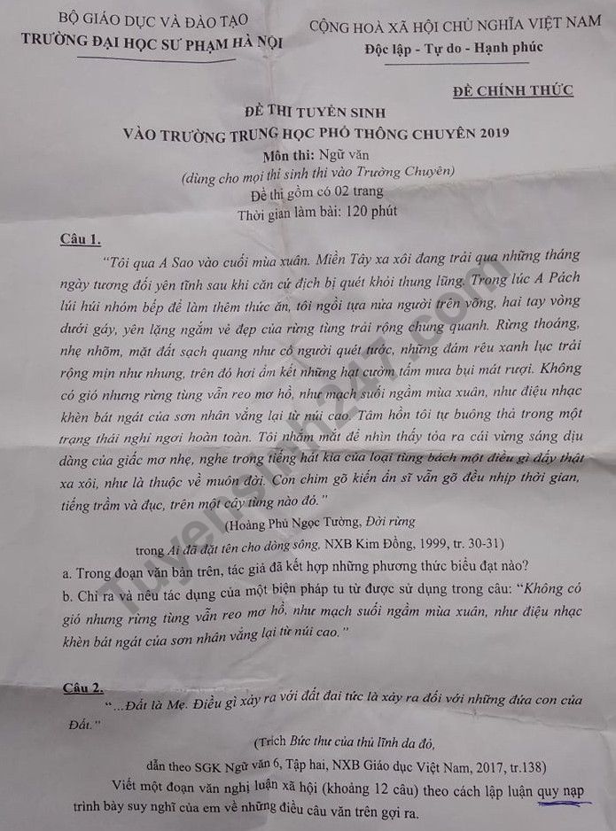 Dap an de thi mon Van vao lop 10 - Chuyen Su pham HN 2019