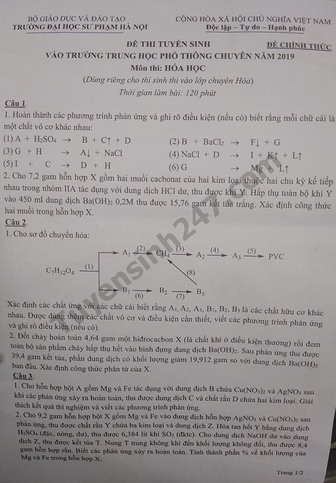 Dap an de thi vao lop 10 Chuyen Hoa - THPT Chuyen Su pham HN 2019