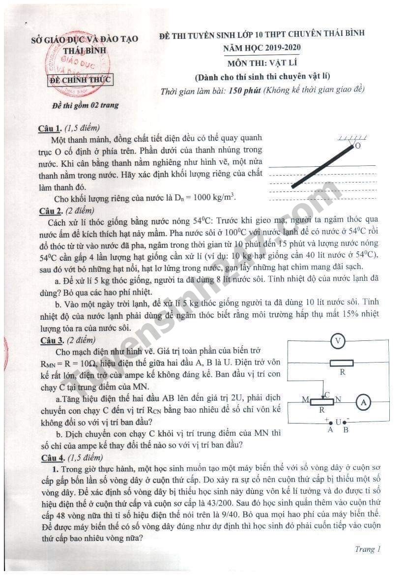 Dap an de thi Vat li vao 10 nam 2019 cua truong chuyen Thai Binh
