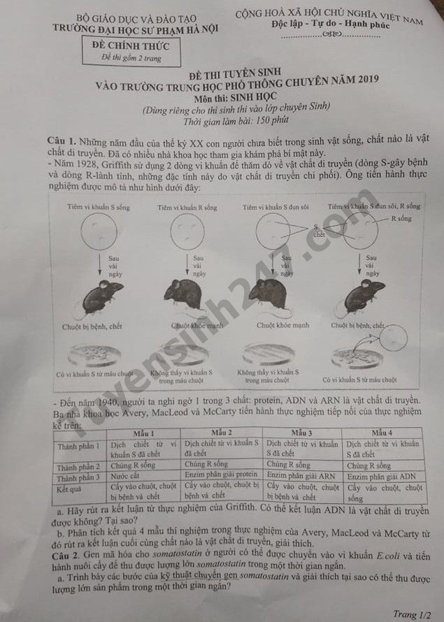 Dap an de thi vao lop 10 mon Sinh chuyen 2019 - Chuyen Su pham HN
