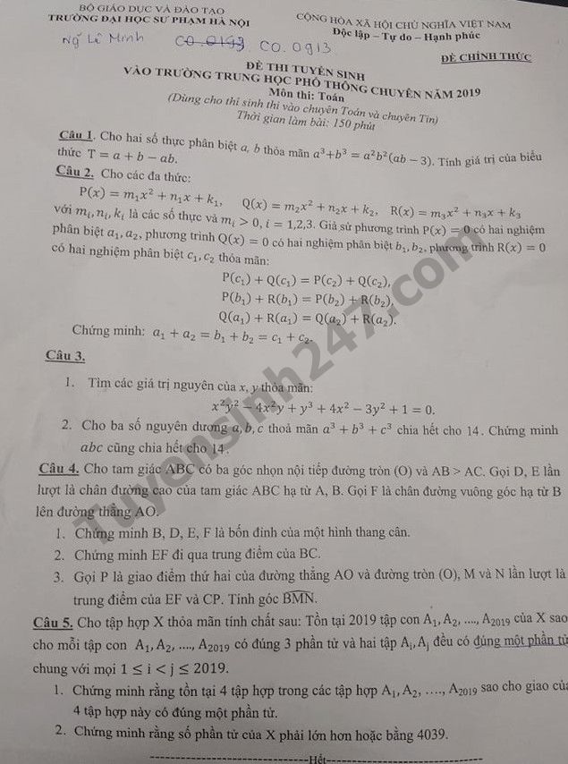 Dap an de thi vao lop 10 mon Toan Chuyen - THPT Chuyen Su Pham HN 2019