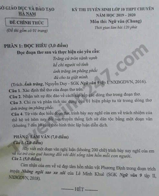 Dap an de thi vao lop 10 mon Van - Chuyen Ha Nam nam 2019