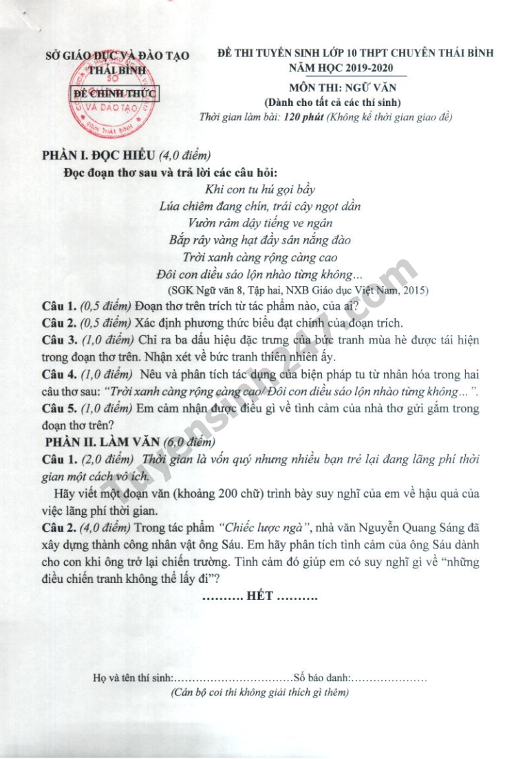 Dap an de thi Van vao 10 nam 2019 cua truong THPT chuyen Thai Binh