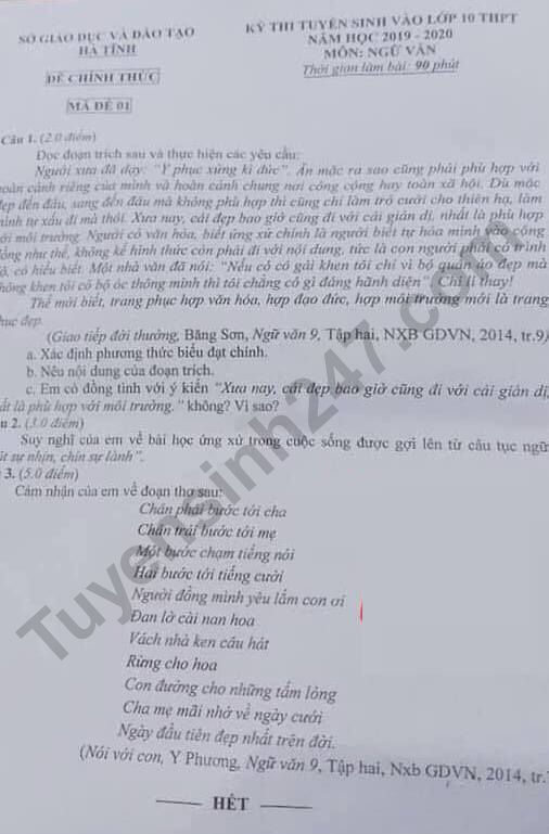 Dap an de thi vao lop 10 mon Van tinh Ha Tinh 2019