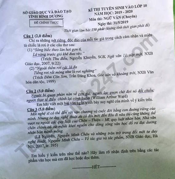 De thi vao lop 10 mon Van Chuyen tinh Binh Duong 2019