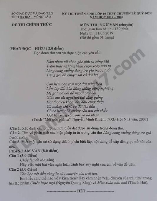 De thi vao lop 10 mon Van (Chuyen) THPT chuyen Le Quy Don Vung Tau 2019