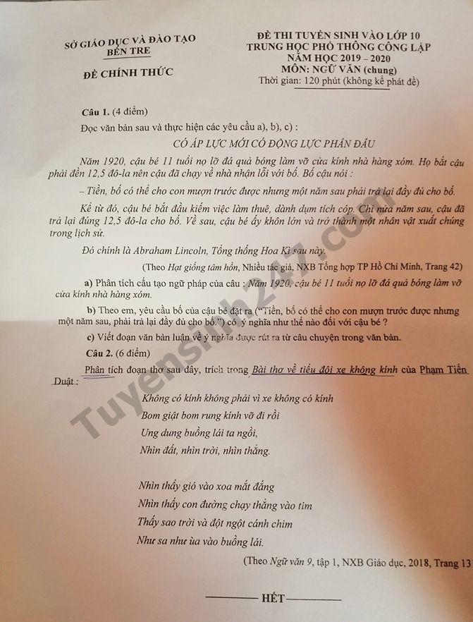 Dap an de thi vao lop 10 mon Van 2019 tinh Ben Tre