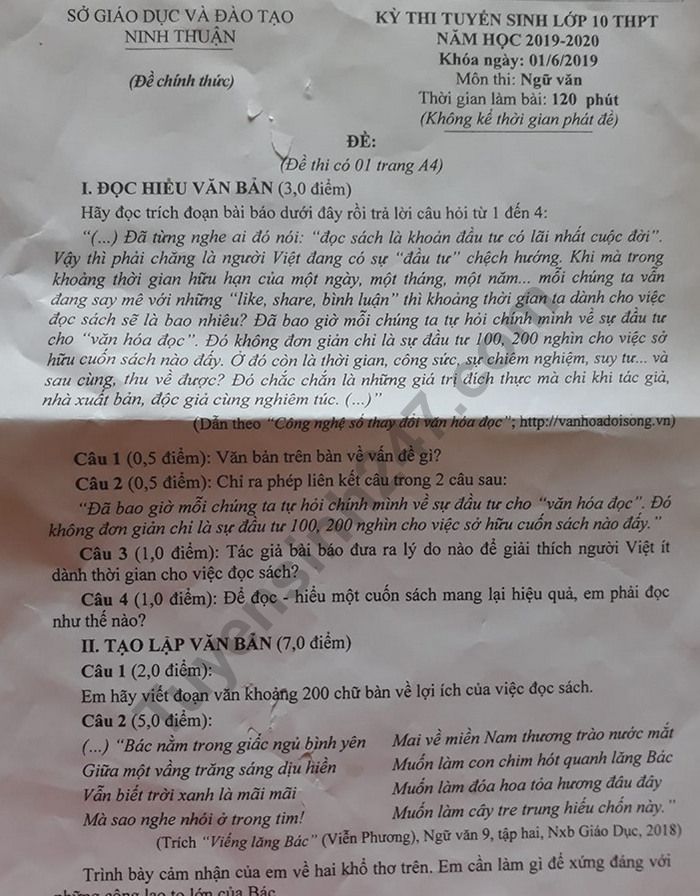 Dap an de thi mon Van vao lop 10 tinh Ninh Thuan 2019