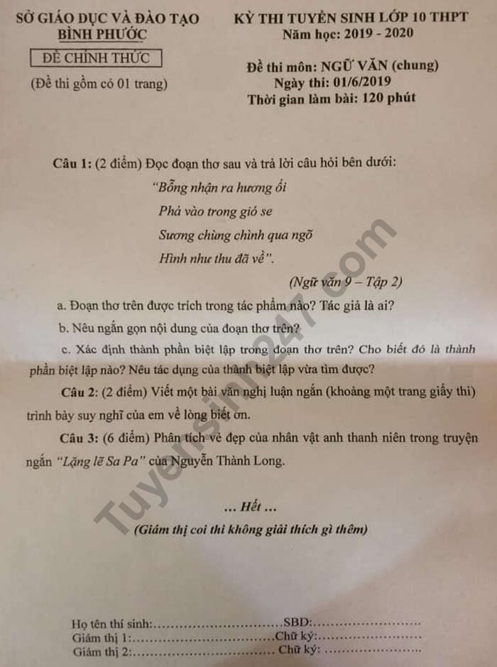 Dap an de thi vao lop 10 tinh Binh Phuoc mon Van nam 2019