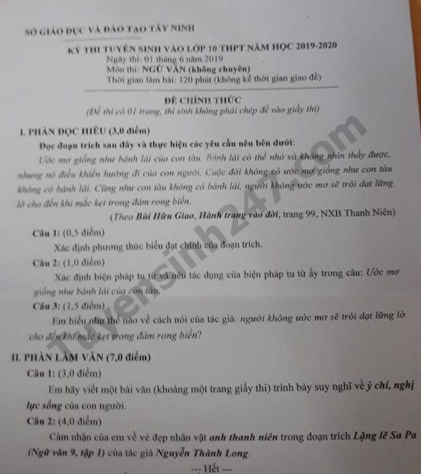 Dap an de thi vao lop 10 mon Van tinh Tay Ninh 2019