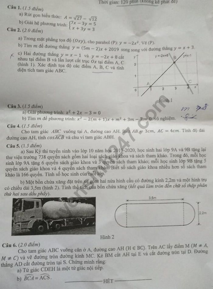 Dap an de thi vao lop 10 mon Toan tinh Ben Tre 2019