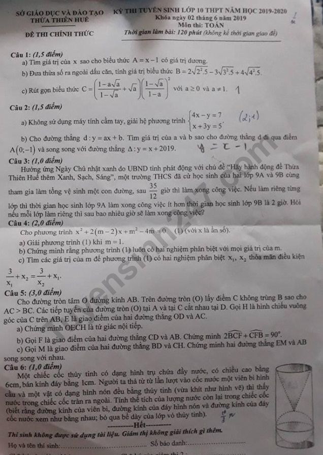 Dap an de thi tuyen sinh vao lop 10 mon Toan - TP Hue 2019