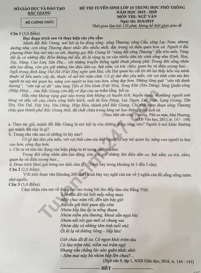 Dap an de thi vao lop 10 So GD Bac Giang mon Van nam 2019