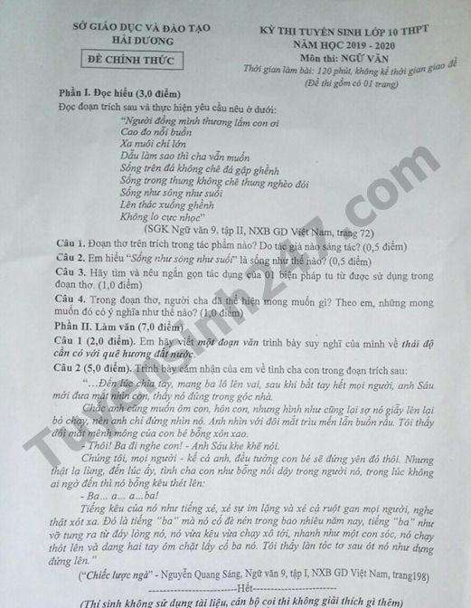 Dap an de thi vao lop 10 thanh pho Hai Duong mon Van 2019