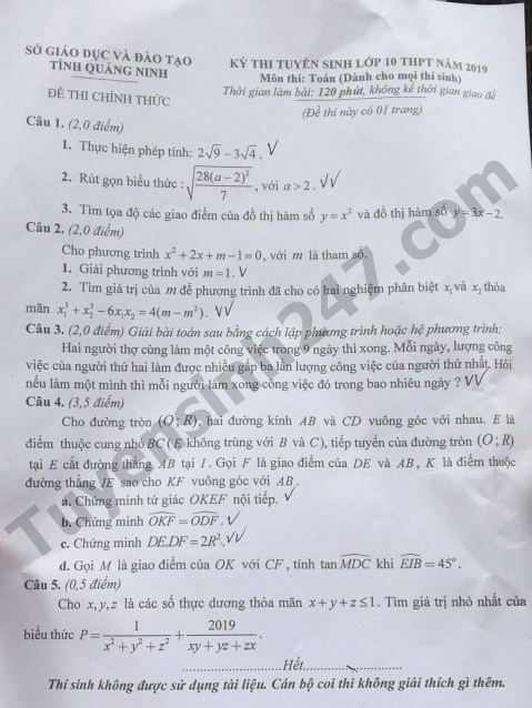 Dap an va de thi vao lop 10 tinh Quang Ninh mon Toan 2018, 2019, 2020
