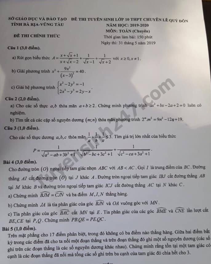 De thi vao lop 10 mon Toan Chuyen truong THPT chuyen Le Quy Don nam 2019