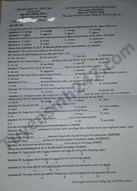 Dap an de thi vao lop 10 mon Tieng Anh nam 2019 So An Giang