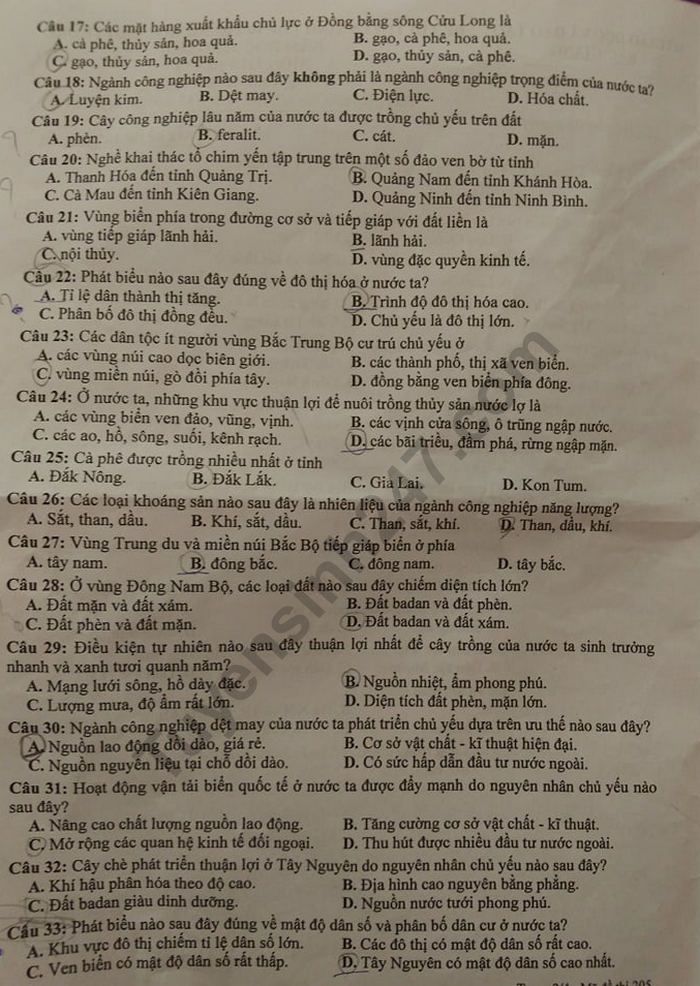 Dap an de thi vao lop 10 nam 2019 mon Dia cua So Bac Giang