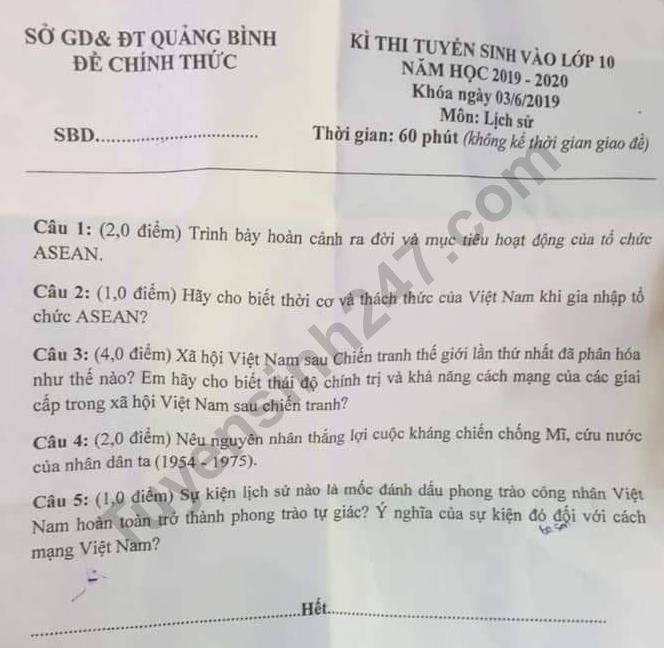 Dap an de thi mon Su vao lop 10 nam 2019 So GD Quang Binh
