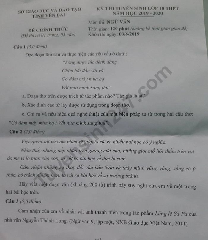 Dap an de thi vao lop 10 mon Ngu Van so GD Yen Bai nam 2019