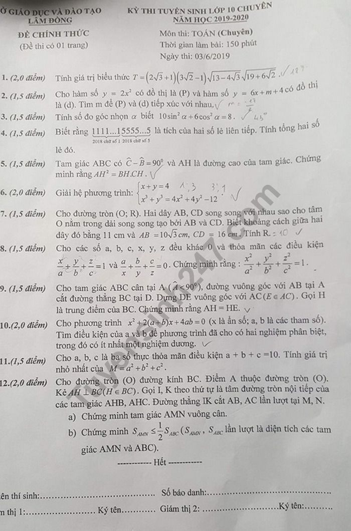 De thi vao lop 10 mon Toan truong Chuyen Lam Dong nam 2019