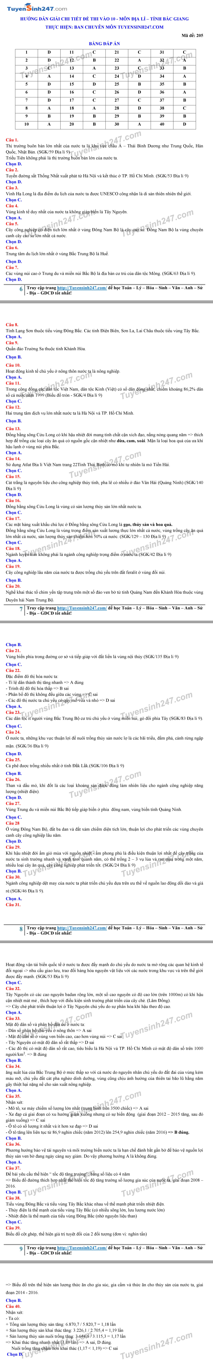 Dap an de thi vao lop 10 nam 2019 mon Dia cua So Bac Giang